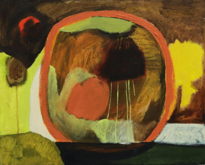 Monoliitti Avaruudesta On Laskeutunut Puutarhaan, 2025, mixed media on canvas, 33cm x 41cm
