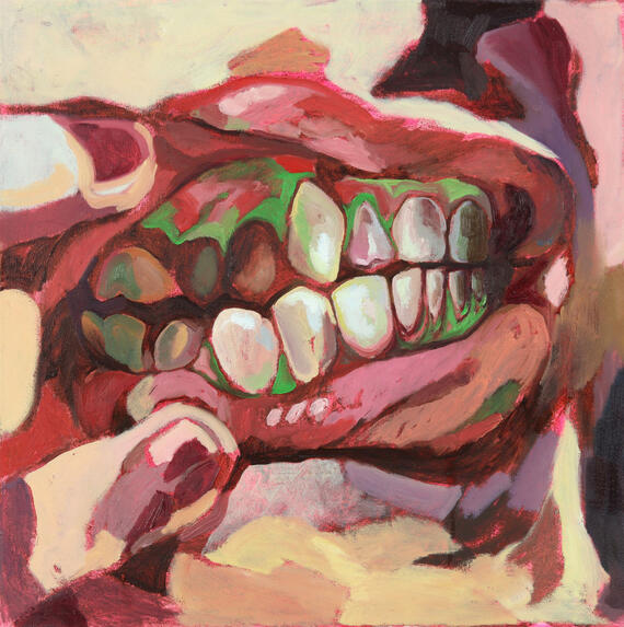 Hammashymyilijä, 2024, oil and acrylic on canvas, 65cm x 65cm, photo: Virppi Sysilehto